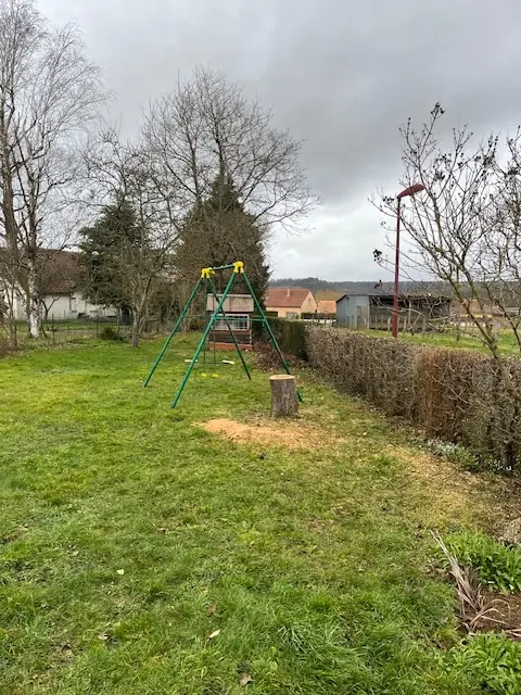 L'arbre abattu, sa souche coupée au ras de la pelouse, près de la balançoire.